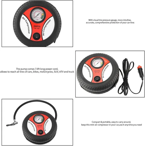 Vista 3 de Bomba portátil del compresor de aire del coche 12V, inflador visual del neumático de la bici de la motocicleta del indicador de presión del neumático