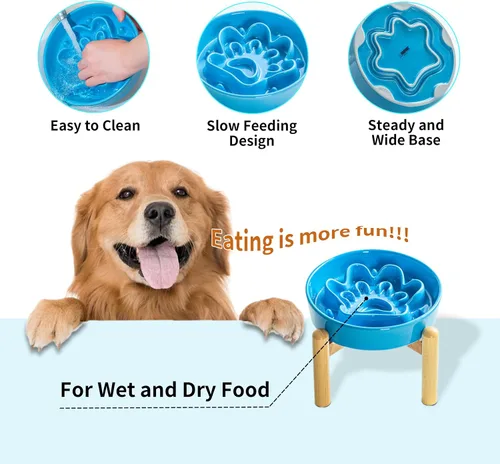Vista 6 de Cuencos de cerámica para perros de alimentación lenta, elevados, 3 tazas, comedero lento elevado con soporte de madera para razas medianas y Azul