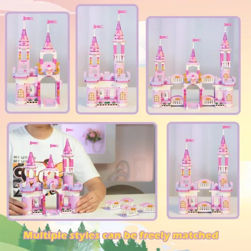 Vista 5 de Juguetes de bloques de construcción de castillo de princesa para niñas, 541 piezas, castillo multiforma, globo aerostático, juguetes para niñas