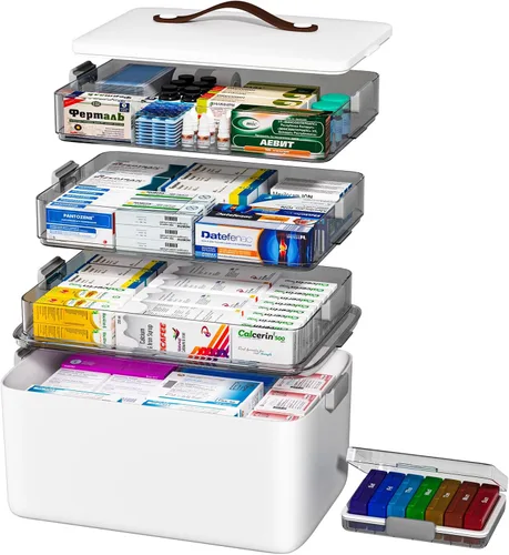 Vista 8 de JOYBOS Caja de Almacenamiento de Medicamentos de 3 Niveles Gabinete, Kit de Primeros Auxilios Vacío, Organizador Portátil de Suministros Médicos