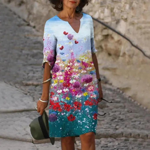 Vista 2 de Vestido casual de lino de verano para mujer, manga 34, longitud hasta la rodilla, vestido camisero con estampado gráfico floral