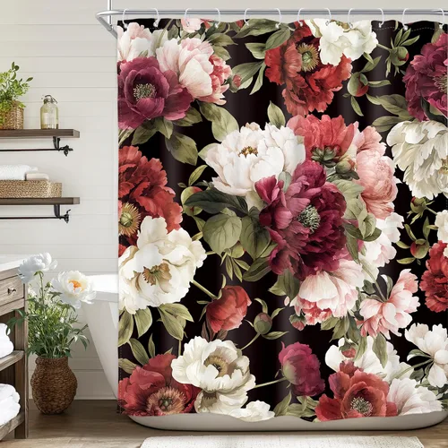 Vista 14 de Cortina de ducha floral roja para baño, 60 pulgadas de ancho x 72 pulgadas de largo, flor de cerezo, ciruela, estética asiática, japonesa, acuarela