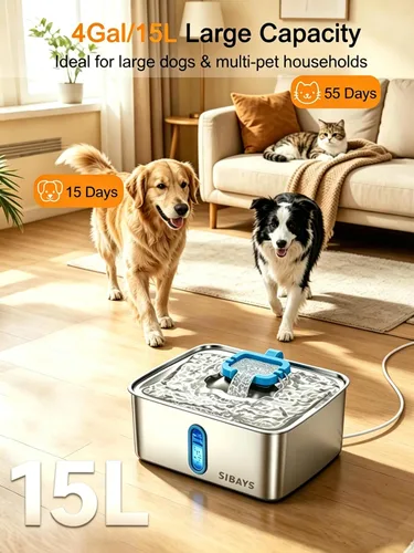 Vista 2 de SIBAYS Fuente de agua grande para perros de 4 galones/15 L, fuente de agua para mascotas de acero inoxidable con ventana de nivel de agua y luz LED
