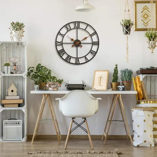 Vista 4 de Bernhard Products Reloj de pared extra grande de hierro forjado de metal negro de 20 pulgadas, funciona con pilas, diseño rústico con números