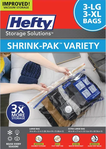 Vista 10 de Hefty Shrink-Pak - 4 bolsas grandes de almacenamiento al vacío para ropa, almohadas, toallas o mantas - Bolsas selladoras al vacío ahorradoras