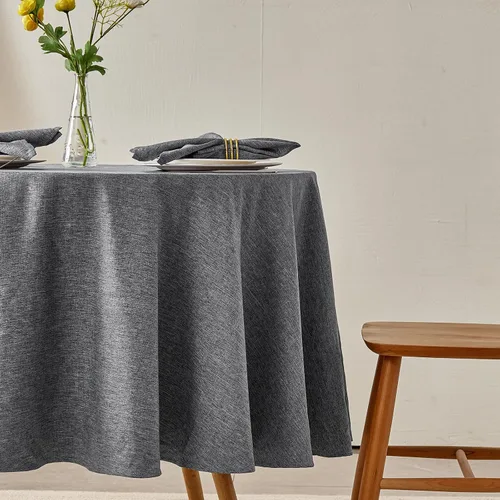 Vista 5 de Mantel redondo de lino, mantel de estilo granja impermeable y resistente a las manchas, cubierta de mesa de decoración falsa lavable para cocina