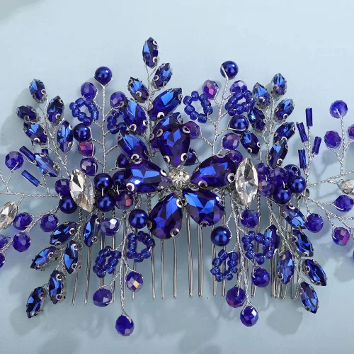 Vista 4 de Aimimier Peine de pelo de cristal azul real para novia, pieza de pelo de zafiro, fiesta de graduación, festival, boda, accesorios para el cabello
