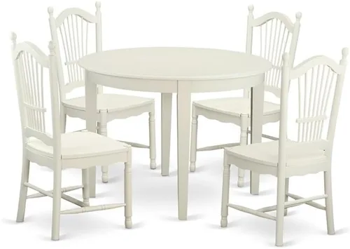 Vista 7 de East West Furniture El juego de 3 piezas Boston contiene una mesa de cocina redonda y 2 sillas de comedor, 42 x 42 pulgadas, color blanco lino