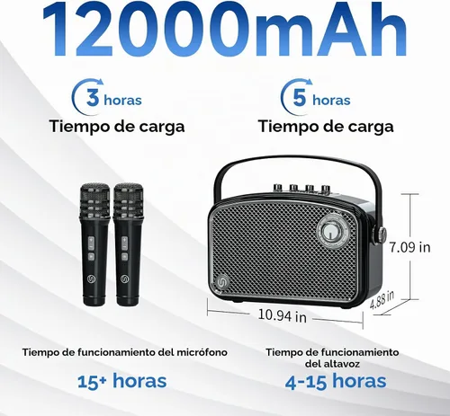 Vista 6 de Amplificador de voz potente de 120 W con 2 micrófonos UHF, altavoces Bluetooth con ajuste de graves/trable/eco, sistema de altavoces PA pequeño