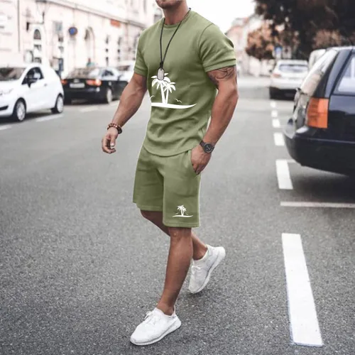 Vista 2 de EELHOE Mens Beach Outfits Sets Lightweight Regular-Fit Short Sleeve Graphic T-Shirts Printed Shorts Breathable Sport Set