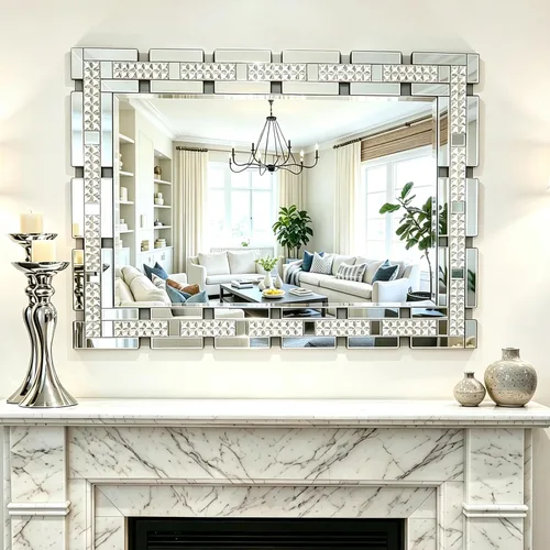 Vista 6 de Chende - Espejo de pared decorativo de 36 x 24 pulgadas con marco incrustado de cristal real, espejo de tocador HD sin plomo para sala de estar