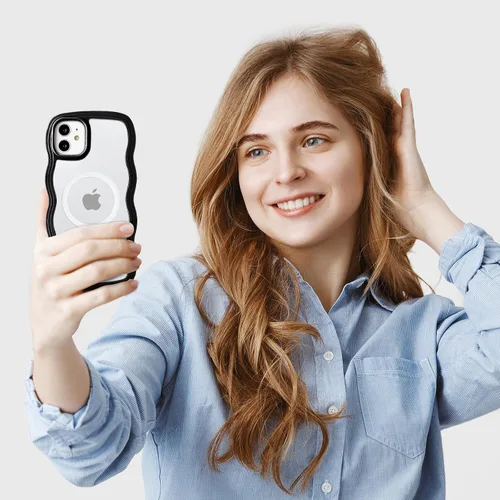 Vista 7 de QLTYPRI Funda magnética para iPhone 11 compatible con Magsafe, bonita funda transparente con marco de onda rizada para niñas y mujeres, parachoques