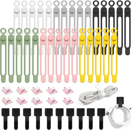 Vista 11 de Kit organizador de cables de 48 piezas, bridas de silicona reutilizables, clips adhesivos fuertes para gestión de cables, gestión de cables