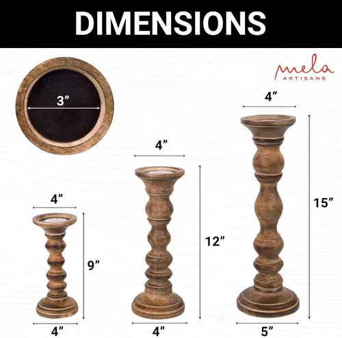 Vista 2 de Willow - Juego de 3 portavelas de madera de mango, 9 pulgadas, 12 pulgadas, 15 pulgadas, decoración de centro de mesa de granja, quemado medio