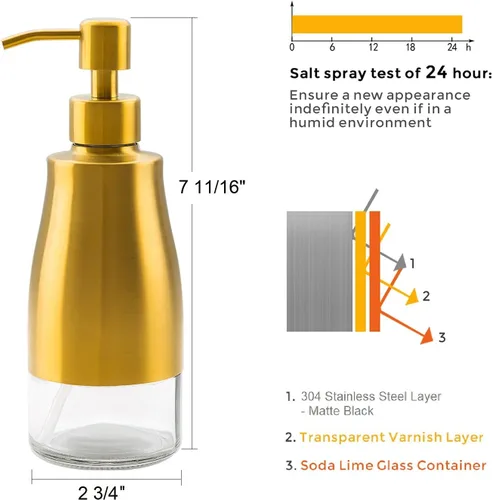 Vista 4 de Gaussra Dispensador de jabón con posavasos y calcomanías, dispensador de bomba de mano de vidrio de acero inoxidable dorado cepillado, botella