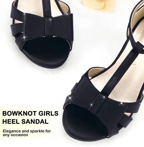 Vista 4 de PANDANINJIA Lilly Zapatos de vestir para niñas con tacón y correa en T, puntera abierta, lazo para niños pequeños y grandes, zapatos para niñas