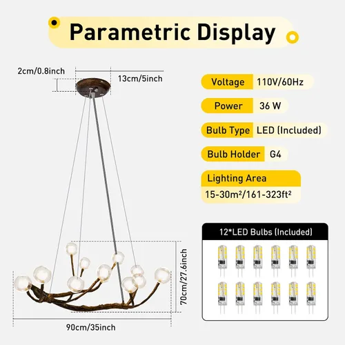 Vista 2 de 12 luces lámpara de rama moderna LED árbol rama luz, 110 V 36 W vidrio burbuja rama luz de techo, rama lámpara colgante para sala comedor