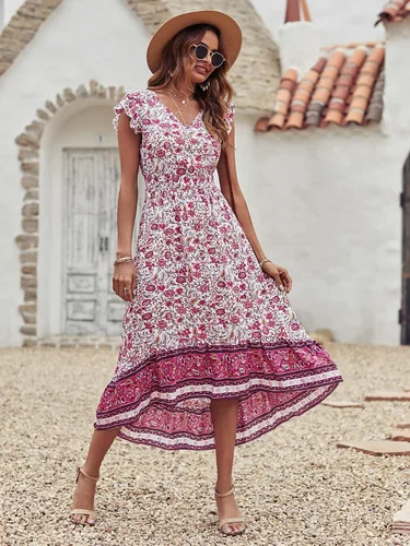 Vista 4 de PRETTYGARDEN Vestido largo de verano para mujer, casual, floral, cuello en V, mangas casquillo, bohemio, alto y bajo, vestido largo de sol