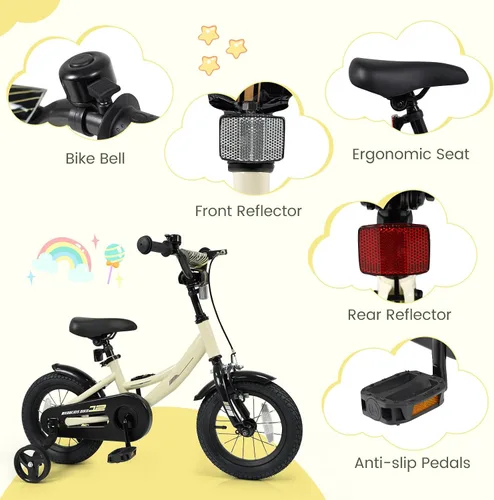 Vista 8 de BABY JOY Bicicleta para niños, bicicleta deportiva de 12 a 18 pulgadas con ruedas de entrenamiento extraíbles, asiento y manubrio ajustables, freno
