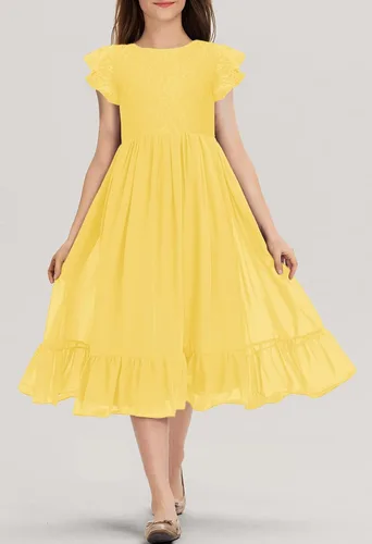 Vista 2 de MITILLY Vestido midi de gasa con volantes y cuello redondo y encaje elegante para niñas
