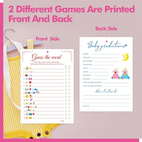 Vista 2 de 55 piezas de juegos de baby shower, tarjetas de predicciones y adivina la frase con respuestas incluidas, juegos de baby shower divertidos de género