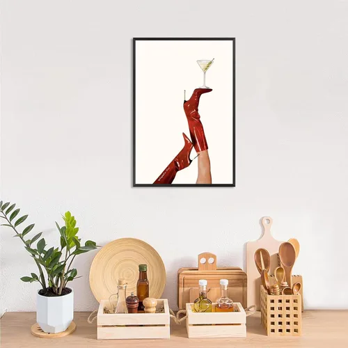 Vista 7 de Póster vintage de Martini con botas rojas de cereza a la moda, póster femenino de cóctel, arte de pared, arte feminista de preparación