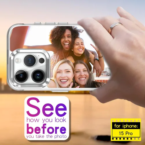 Vista 3 de Funda de espejo para iPhone 15 Pro para mujer, funda de acrílico con espejo que se puede utilizar para maquillaje al aire libre para niñas que aman