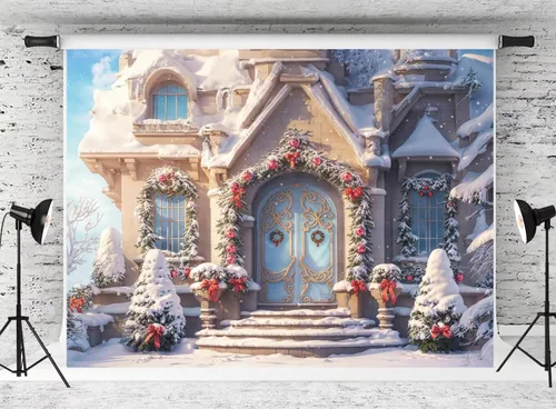 Vista 12 de Kate Telón de fondo de fotos de casa de campo de Navidad, fondo de puerta rosa, nieve blanca, árboles de Navidad, fondo de fotos, accesorios de 5