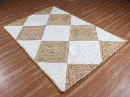 Vista 7 de Collection - Alfombra de pasillo de 2.6 x 4 pies, alfombra trenzada de yute blanca y beige, alfombra geométrica kilim para interiores y exteriores