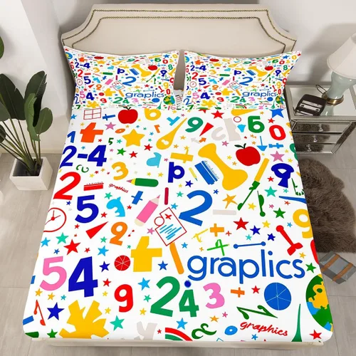 Vista 6 de Juego de ropa de cama ajustable con fórmula informática para niños y niños, diseño de geometría de acuarela, números, fórmula matemática, juego
