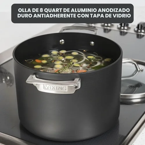 Vista 2 de Viking Olla antiadherente, 8 cuartos de galón anodizada dura olla de sopa antiadherente con tapa de vidrio, gris