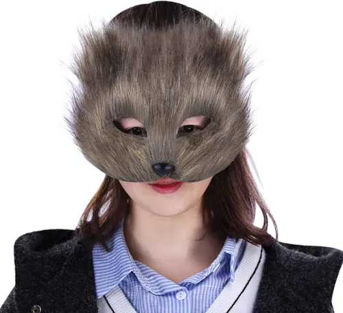 Vista 4 de Máscara de zorro de Halloween, disfraz de cosplay de media cara, animal peludo, fiesta, Navidad, ojo, gato, máscaras de Pascua