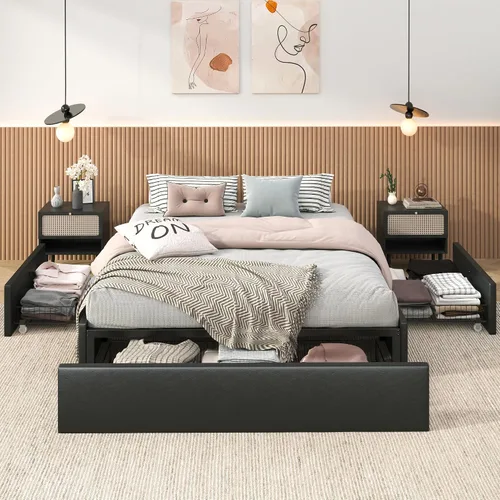 Vista 3 de SHA CERLIN Base de cama moderna de plataforma completa con 3 cajones de almacenamiento, diseño de panel lateral de ala, tapizado de piel sintética