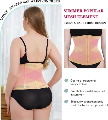 Vista 2 de LODAY Entrenador de cintura para mujer, faja moldeadora de control de abdomen, transpirable, corsé de malla cruzada, faja deportiva