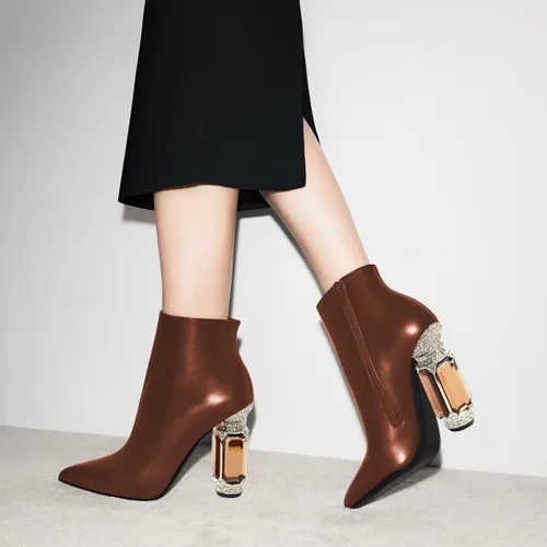Vista 170 de FSJ Botas de tacón alto con punta puntiaguda para mujer, con tacón alto, con cremallera lateral brillante, estilo casual, para uso diario, zapatos