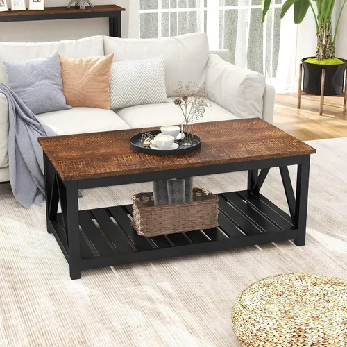 Vista 4 de Mesa de café ChooChoo negra, mesa rústica vintage con estante para sala de estar, 40 pulgadas
