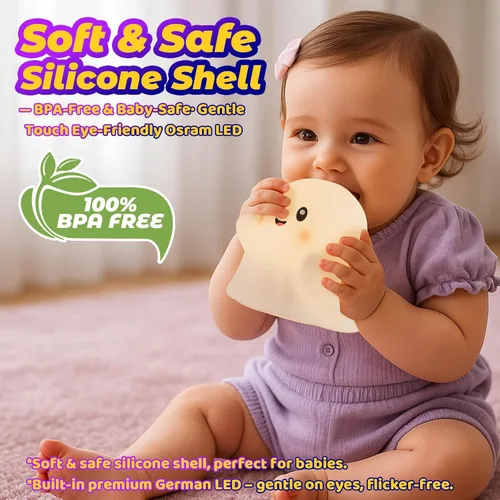 Vista 5 de Luz nocturna fantasma para niños, regalo y juguete divertido para niños, lámpara táctil con sonidos, silicona blanda, LED seguro para los ojos