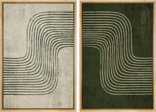 Vista 127 de Ashbrook - Set de arte de pared en lienzo enmarcado, tonos orgánicos de la tierra en beige y marrón con ilustraciones de trazos circulares, arte