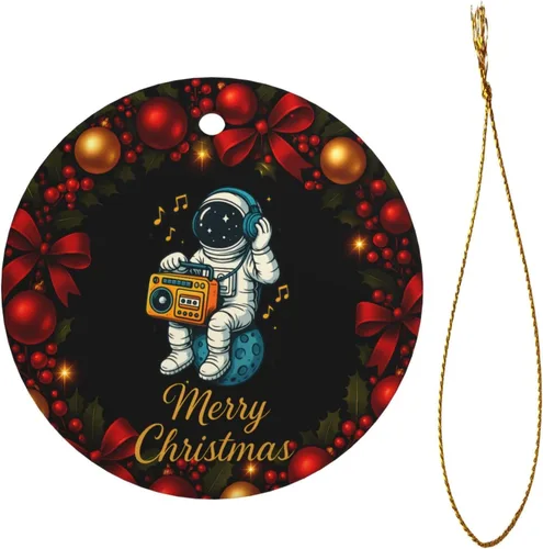 Vista 3 de Retro Astronaut with Boombox Ceramic Christmas Ornament, Double-Sided Hanging Decor