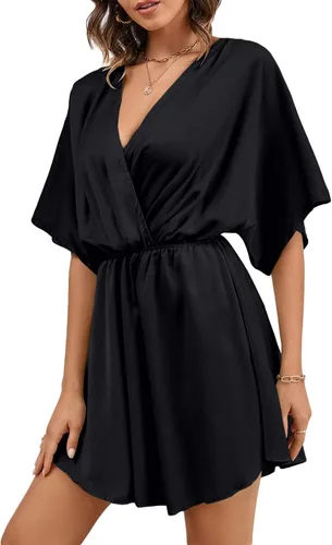 Vista 4 de LYANER Minivestido elegante de satén con cuello en V y volantes para mujer