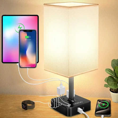 Vista 12 de COZOO - Lámpara de mesa y mesita de noche con control táctil de intensidad regulable de 3 vías, 3 puertos de carga USB y 2 tomas de corriente, base