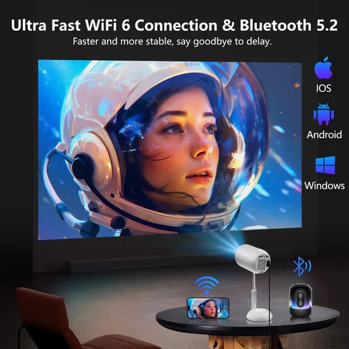 Vista 6 de VGKE Mini proyector con WiFi6 y Bluetooth, proyector portátil para exteriores compatible con 4K, corrección Keystone automática, corto alcance