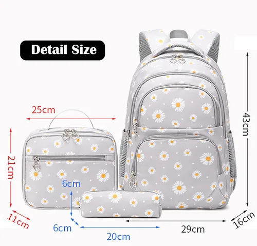 Vista 7 de Mochila para niñas y niños, mochila para la escuela primaria, bolsas para adolescentes y niñas con juego de lonchera (gris margarita)