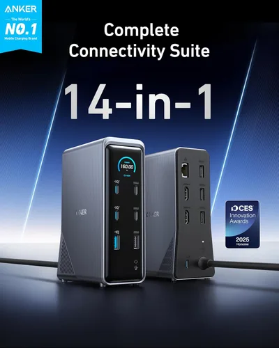 Vista 2 de Estación de acoplamiento Anker Prime, 14 puertos con salida máxima de 160W, transferencia de datos rápida de 10Gbps, interfaz inteligente en tiempo