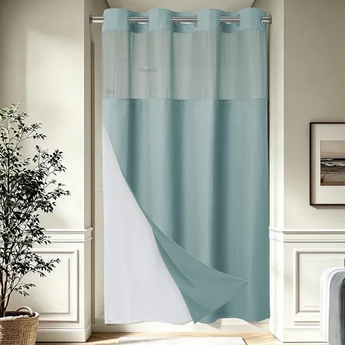 Vista 60 de EUTXL Cortina de ducha beige sin gancho con forro a presión, 230 GSM, cortinas de ducha para baño, 71 pulgadas de ancho x 74 pulgadas de alto