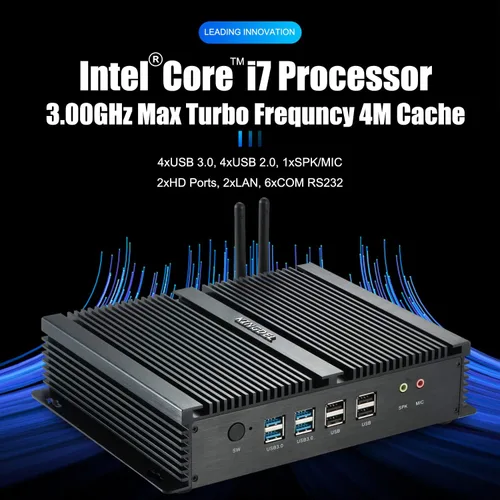 Vista 2 de KINGDEL Mini PC de escritorio sin ventilador, computadora industrial con CPU Core i7, 8 GB de RAM, SSD de 256 GB, 2 NIC, 2 puertos HD, 4 puertos USB