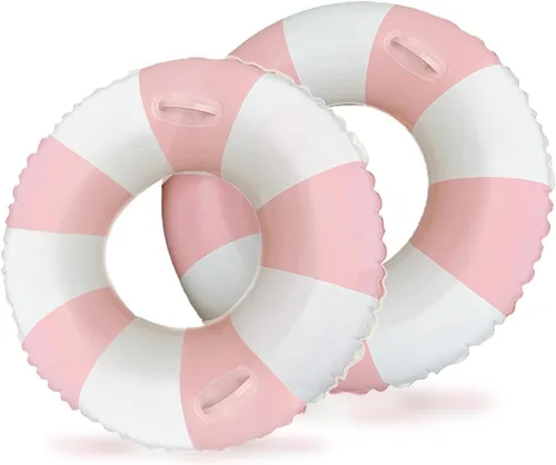 Vista 14 de Flotadores inflables de piscina para adultos, paquete de 2 flotadores a rayas, tubos de piscina, anillos de natación con asas, flotador inflable