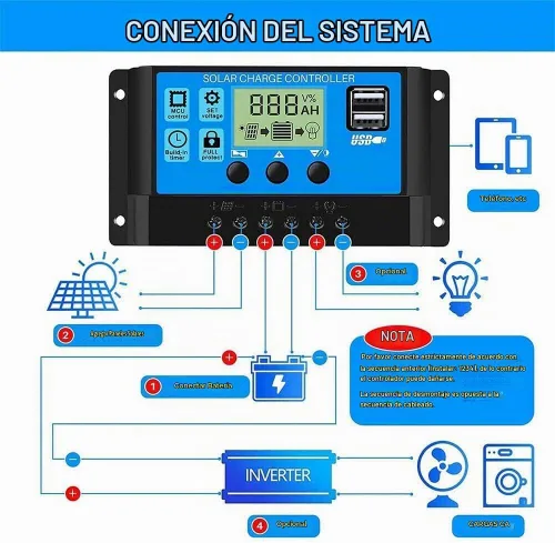 Vista 2 de Controlador de carga solar 100A 12V/24V: Regulador de panel solar