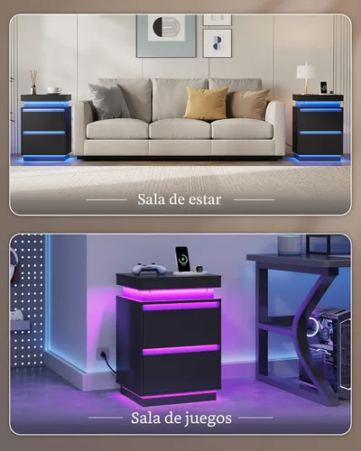 Vista 8 de WLIVE Mesita de noche negra con estación de carga y luces LED, mesita de noche con 2 cajones de madera y parte superior deslizante, mesa auxiliar