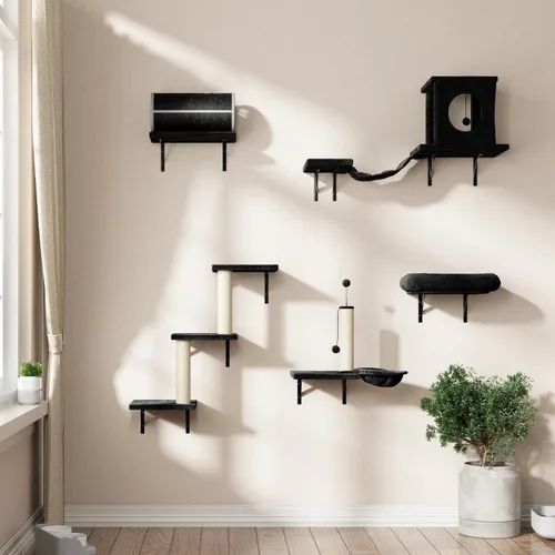 Vista 15 de NUNU LAB Estantes de muro para gatos, juego de 6 piezas de lujo montado en la pared, muebles para gatos interiores con 1 casa tipo condominio, 2